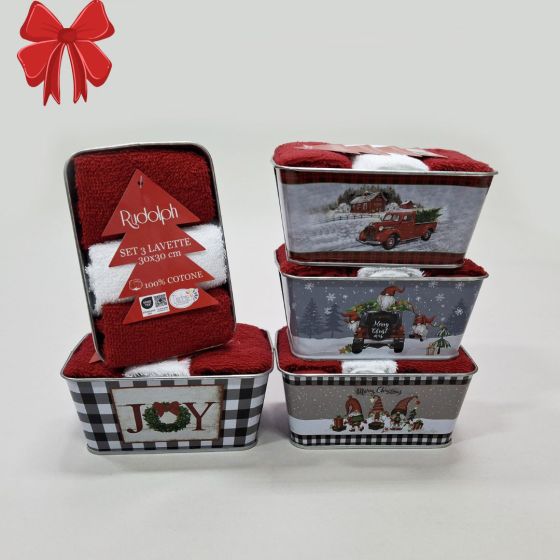 RUDOLPH Set 3 Lavette Mani 30 x 30 + Scatola di Latta Decorata Omaggio